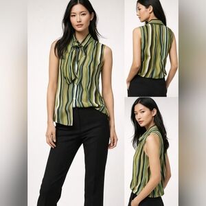 Nwt Vintage Y2K Ishyu Silk Top Bowtie Striped Sleeveless Secretary Tie Bow
